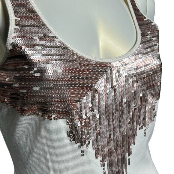 Express White Ribbed Tank Top Silver Sequin Cascade Detail Scoop Neck Size L - Picture 7 of 10